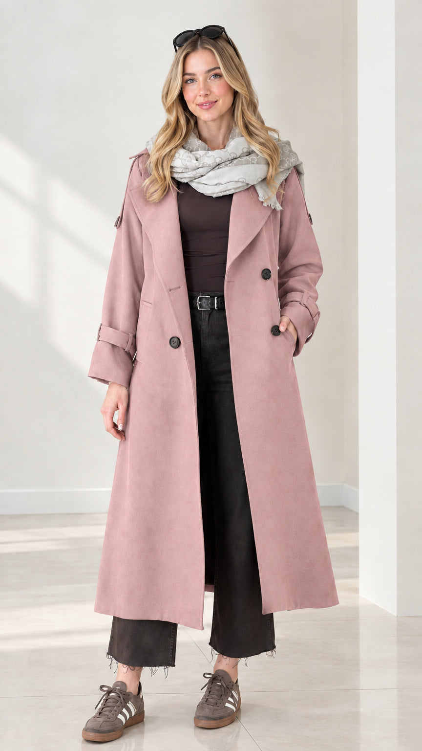 Model wearing dusty pink full-length double-breasted trench coat