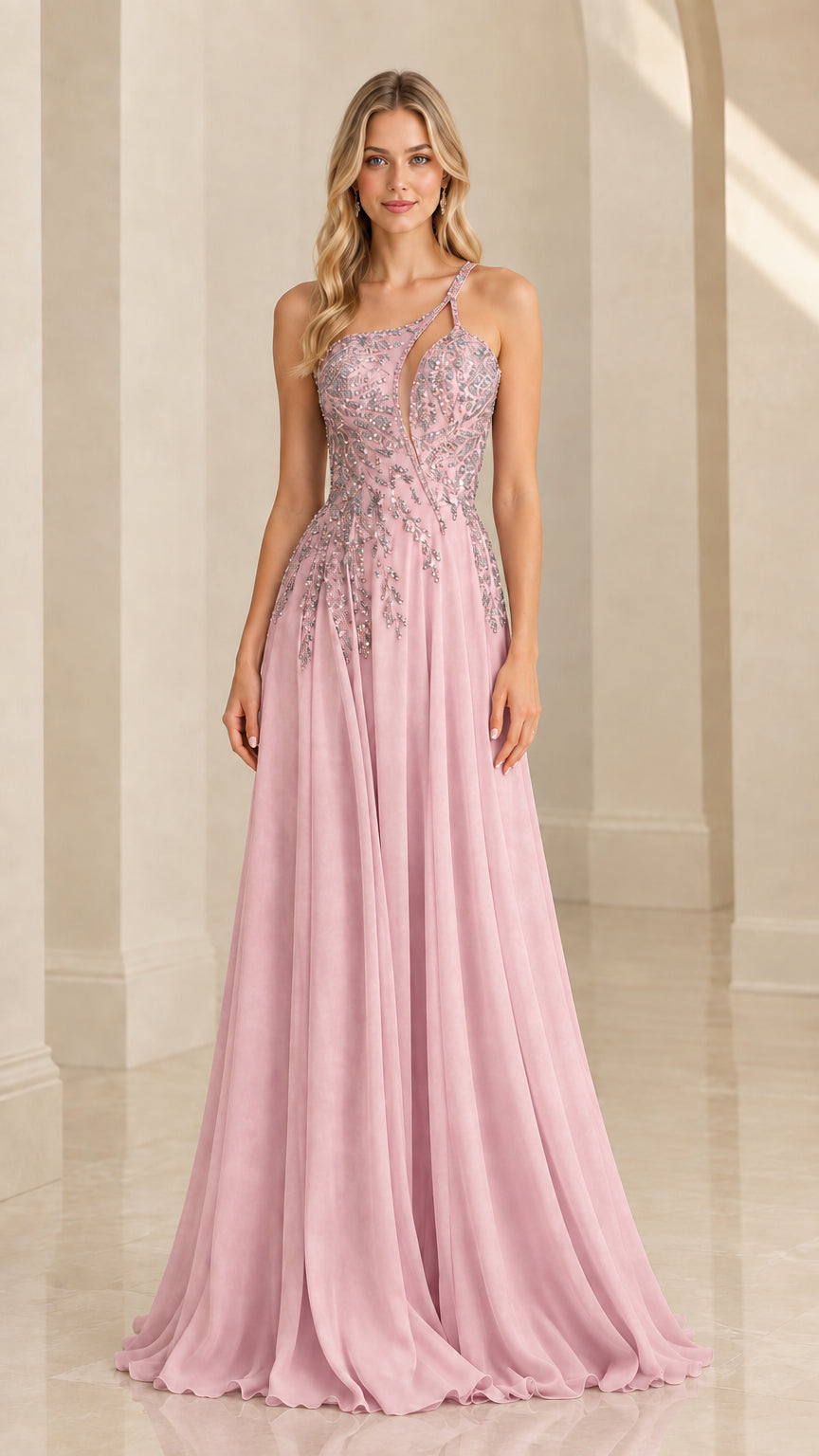 Blush pink one-shoulder embellished A-line evening dress front view