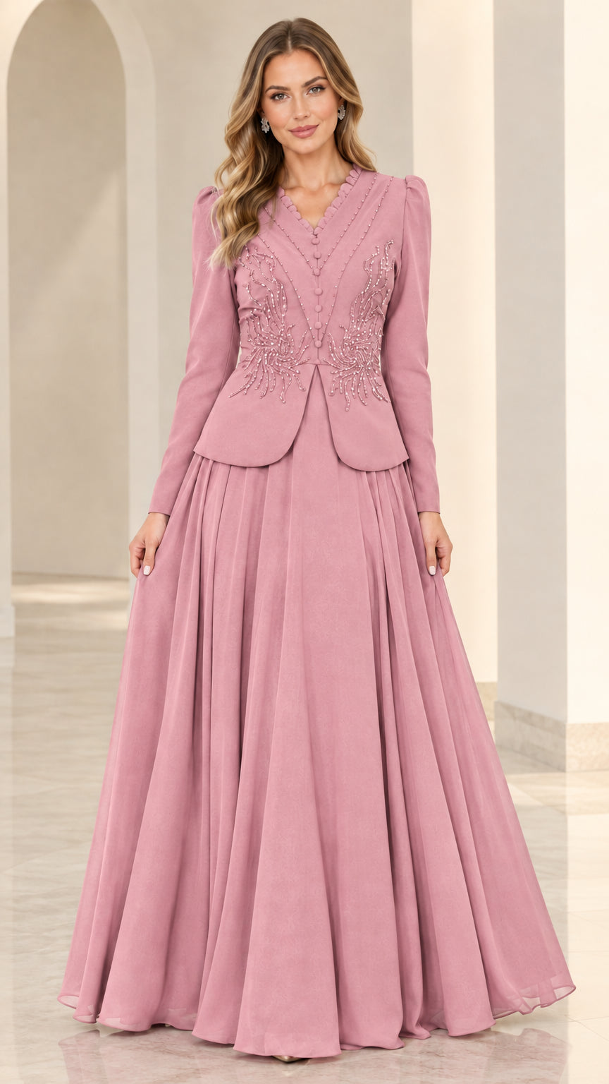 Dusty rose beaded long sleeve A-line formal evening gown