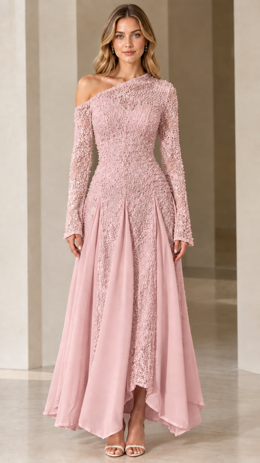Dusty Pink one-shoulder embellished lace formal maxi dress