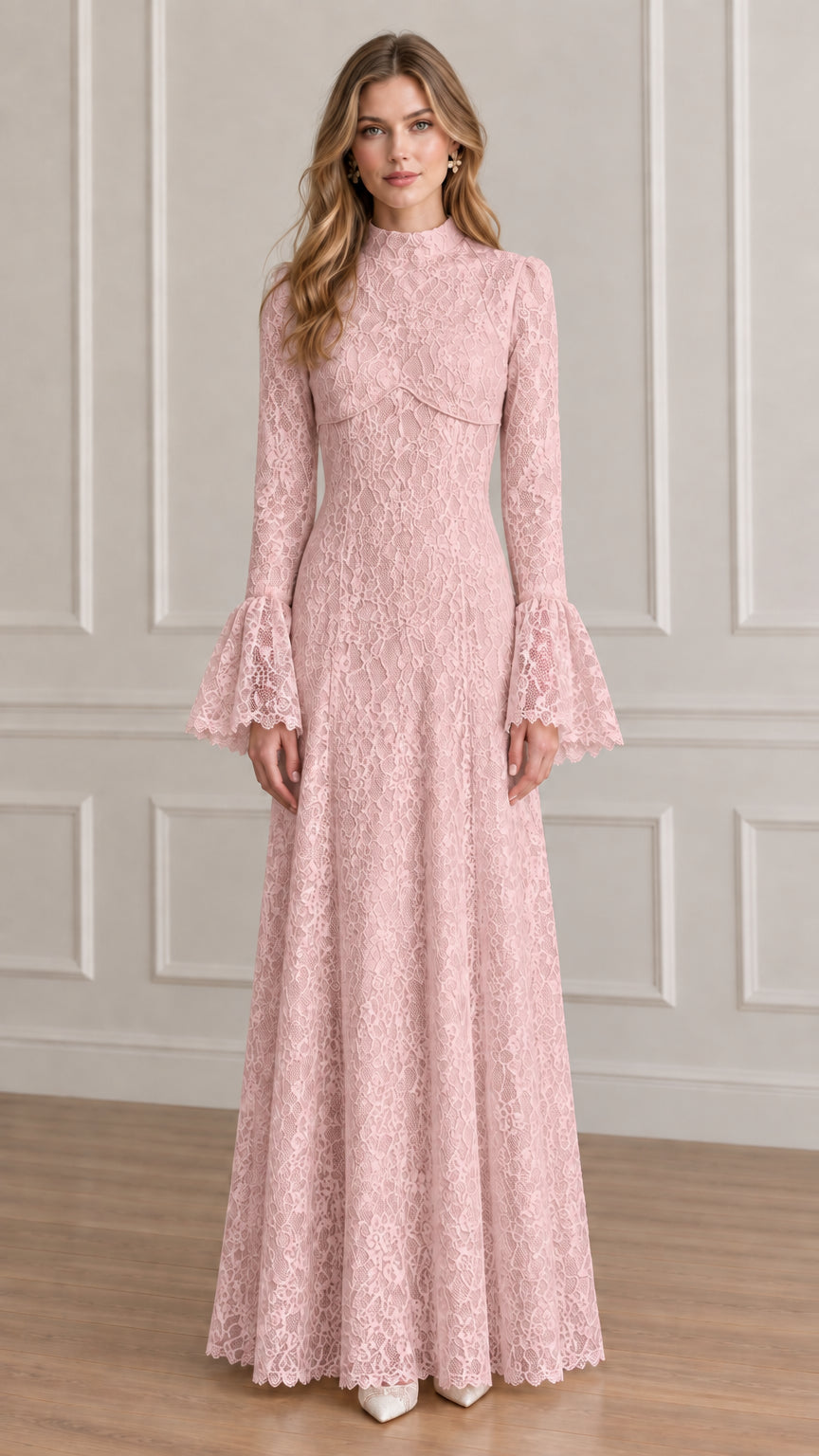 Front view of blush pink high-neck floral lace evening maxi dress