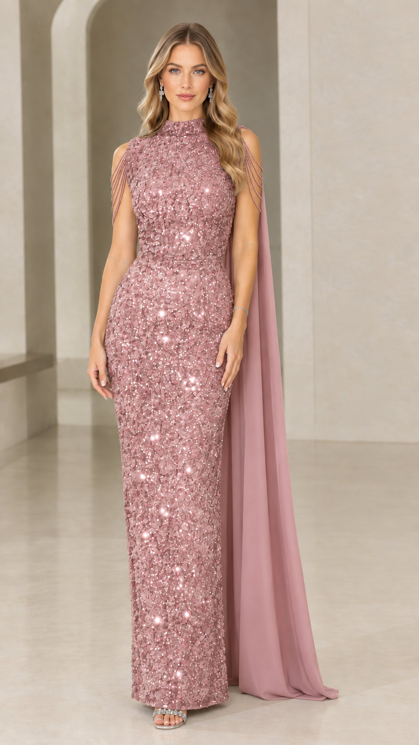 Full-length dusty pink high-neck sequin cape maxi dress
