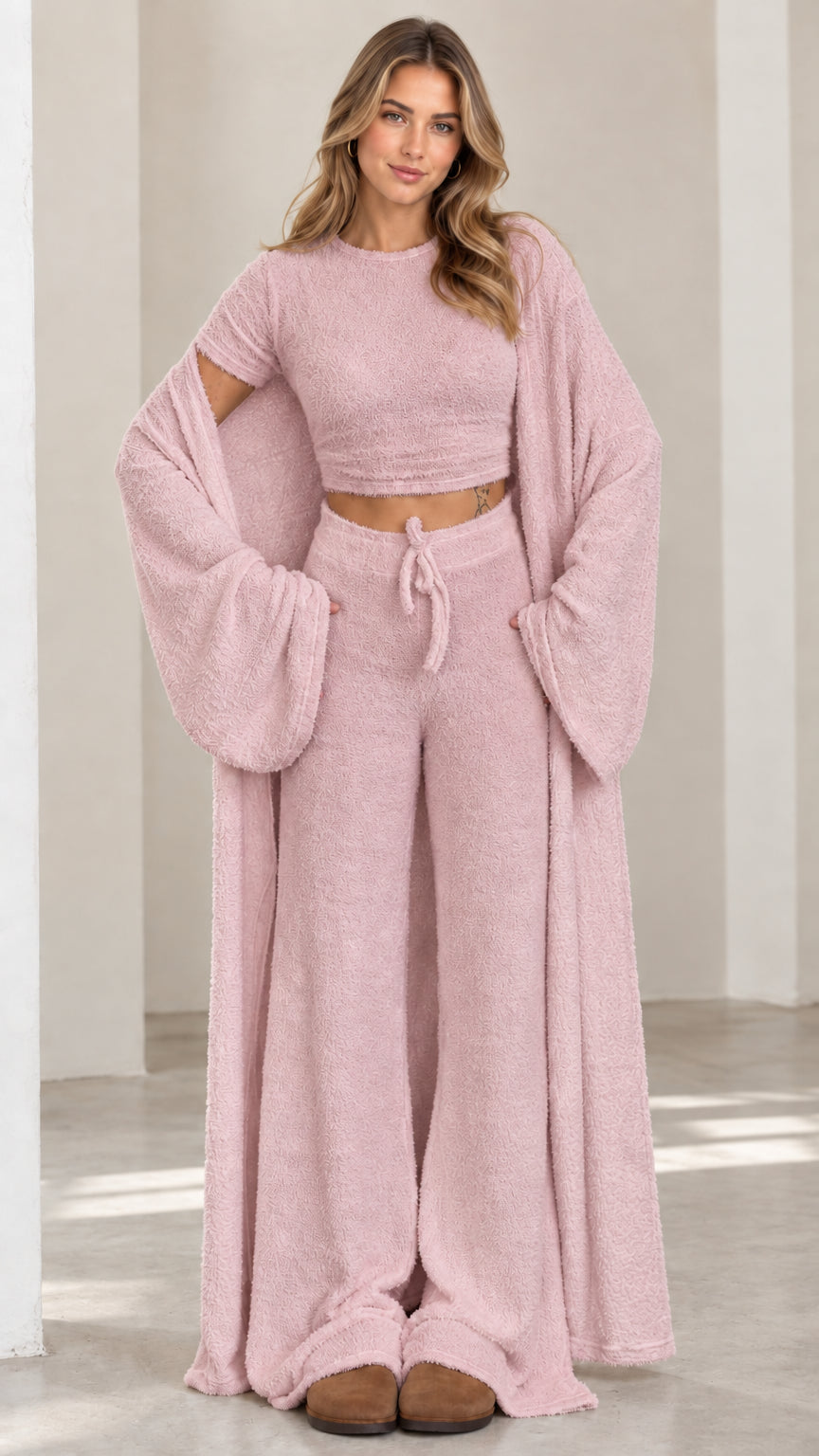 Dusty pink 3-piece cozy fuzzy knit loungewear set
