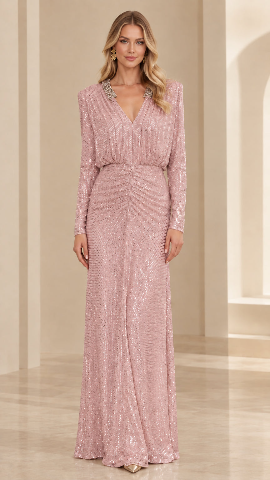 Blush pink long sleeve sequin formal gown with ruched waistline