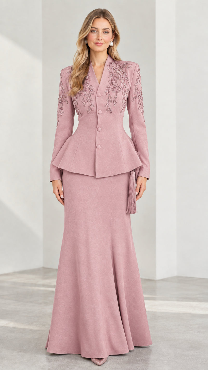 Front view of dusty rose embroidered peplum jacket and long formal skirt