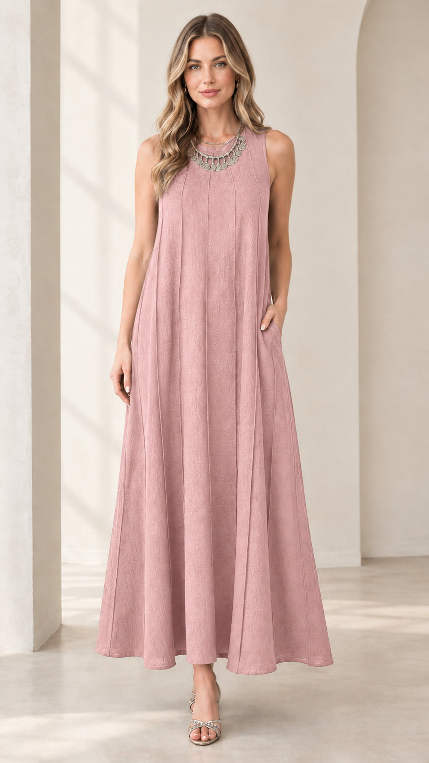 Front view of woman wearing dusty pink sleeveless panel swing maxi dress with pockets