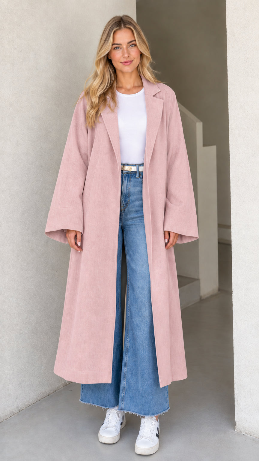 Model wearing Dusty Pink longline duster overcoat with open front design