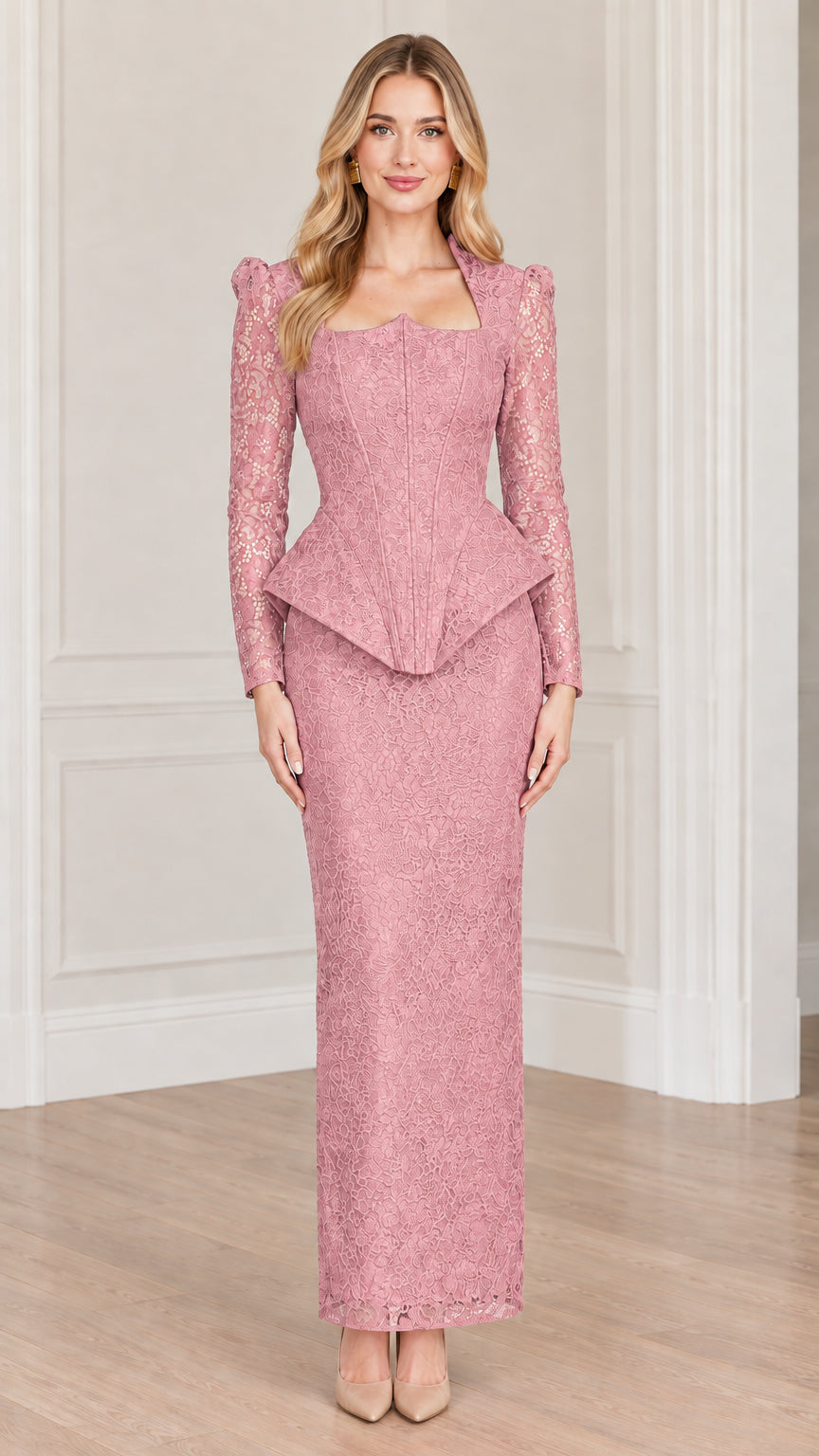 Front full-length view of model wearing the peplum lace maxi dress in dusty rose