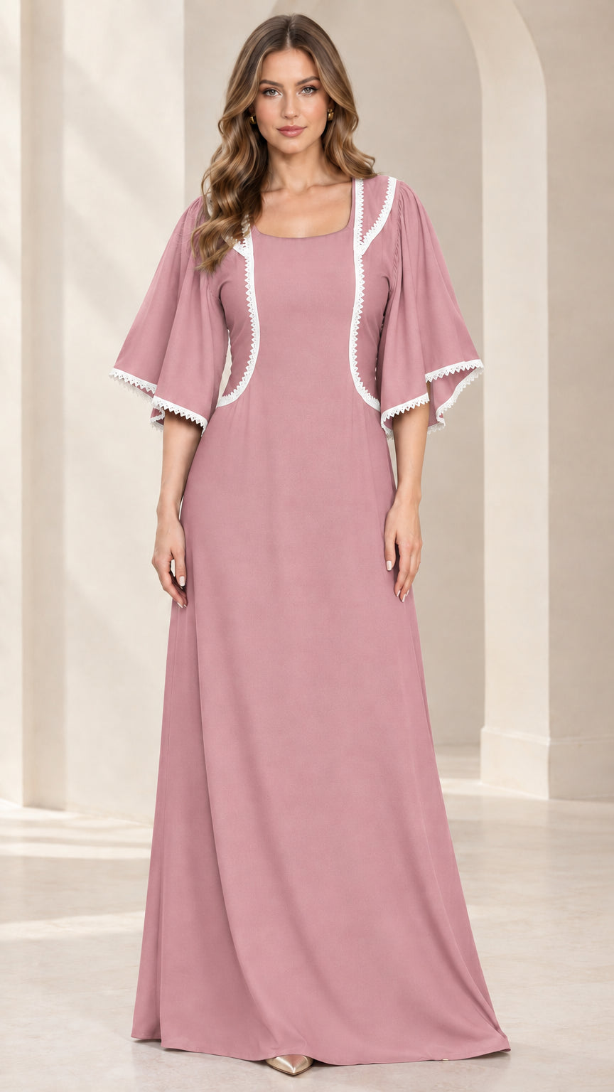 Front view of dusty pink flutter sleeve square neck maxi dress with white trim