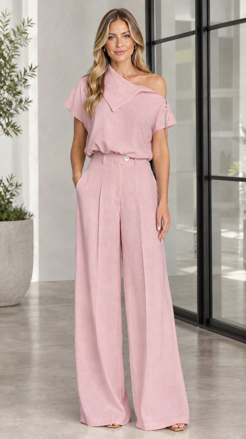 Blush Pink two-piece matching top and trouser set