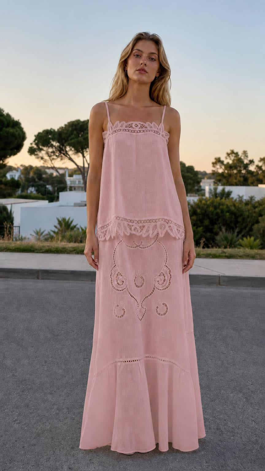 Full outfit view in soft pastel pink color variant