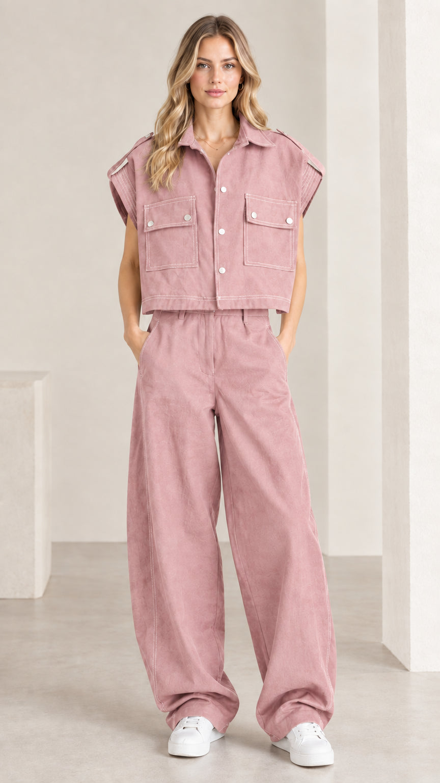 Front view of woman wearing dusty pink utility cropped shirt and wide-leg pant set