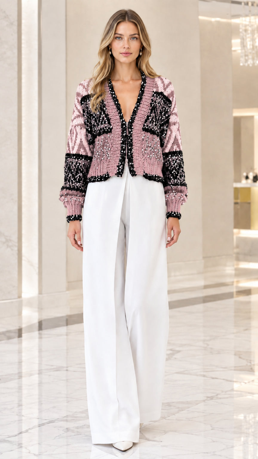 Model wearing dusty pink sequin embellished knit cardigan front view