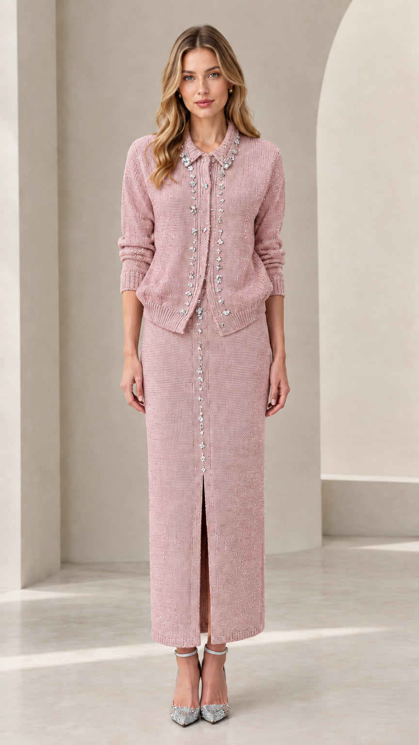Dusty pink rhinestone embellished knit cardigan and maxi skirt set