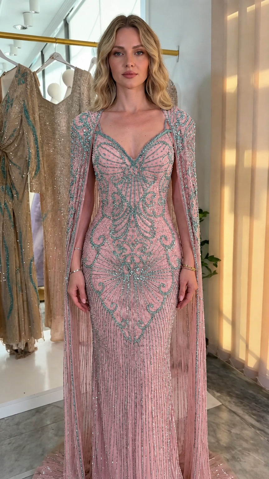 Front view of blush pink sequin evening gown with dramatic shoulder cape