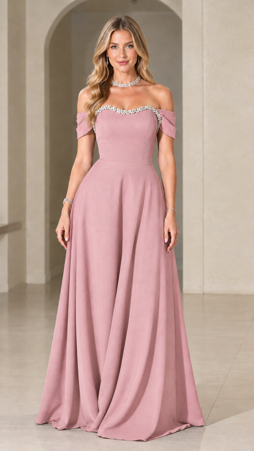 Dusty pink off-the-shoulder formal gown with embellished sweetheart neckline