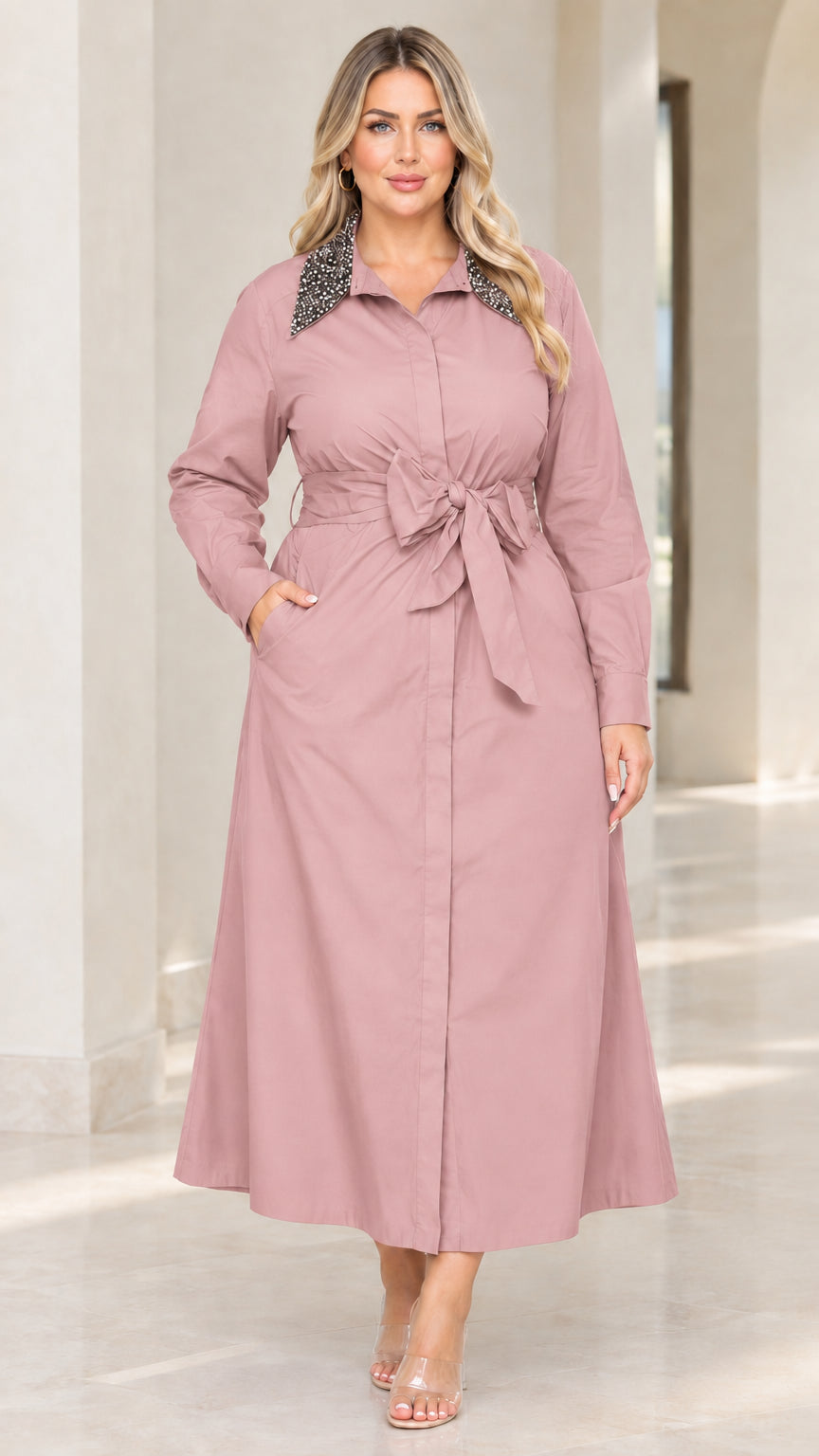 Front view of woman wearing dusty pink rhinestone collar maxi shirt dress