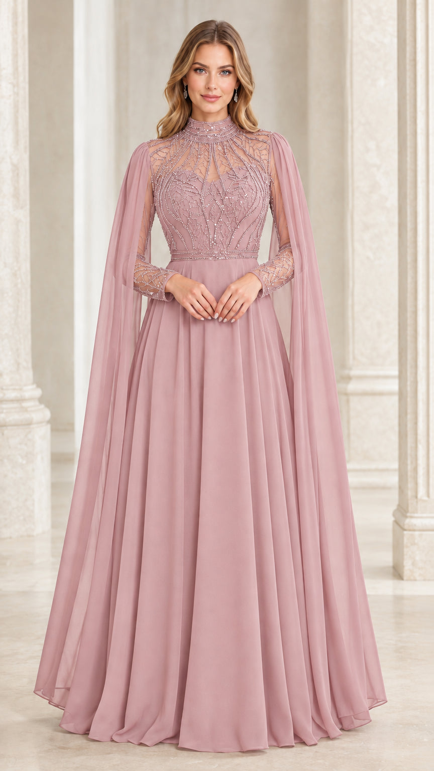 Front view of dusty rose cape sleeve beaded evening gown