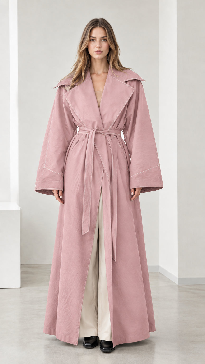 Full-length view of woman wearing dusty pink maxi trench coat