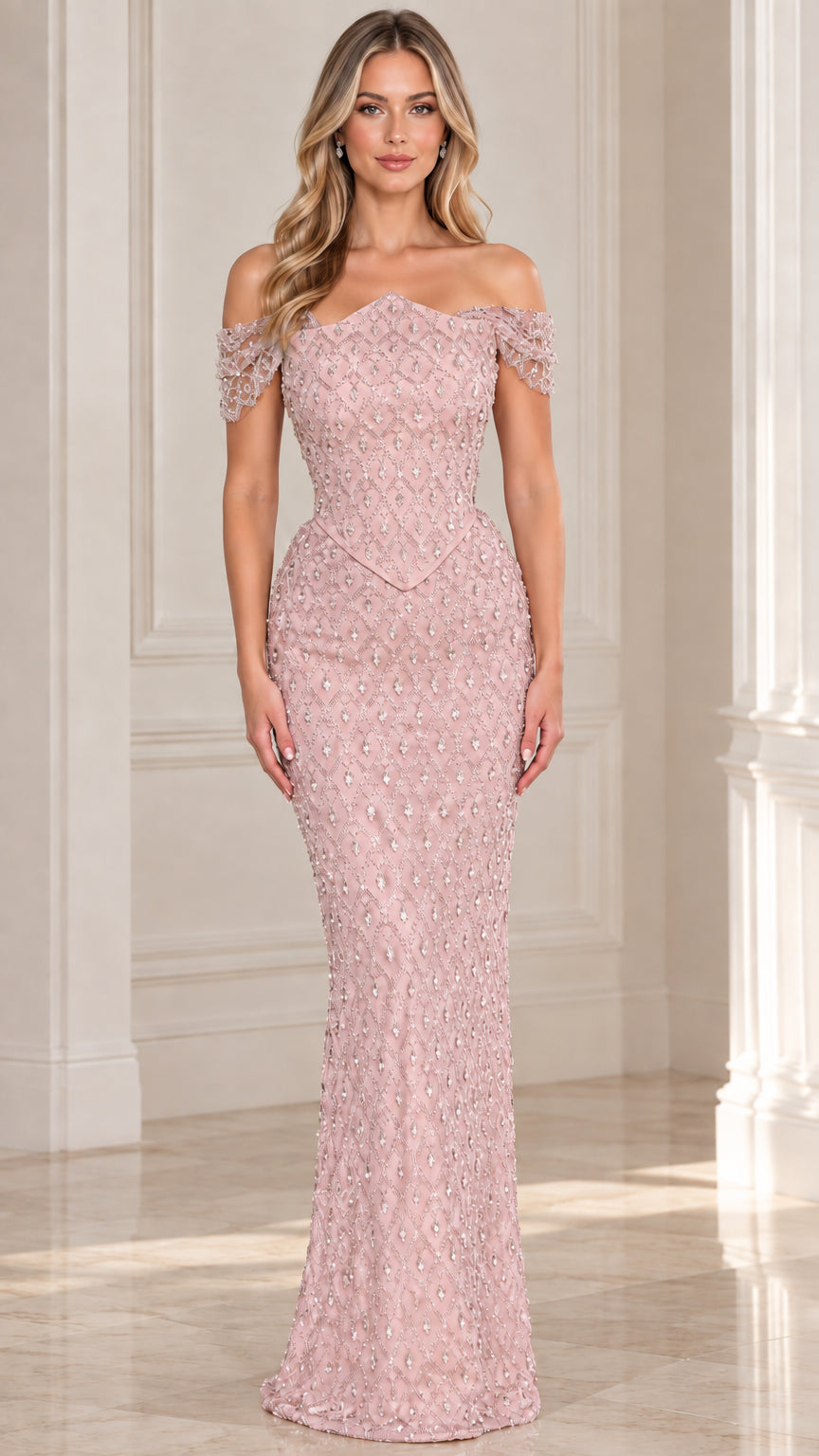Front view of blush pink beaded off-the-shoulder evening gown