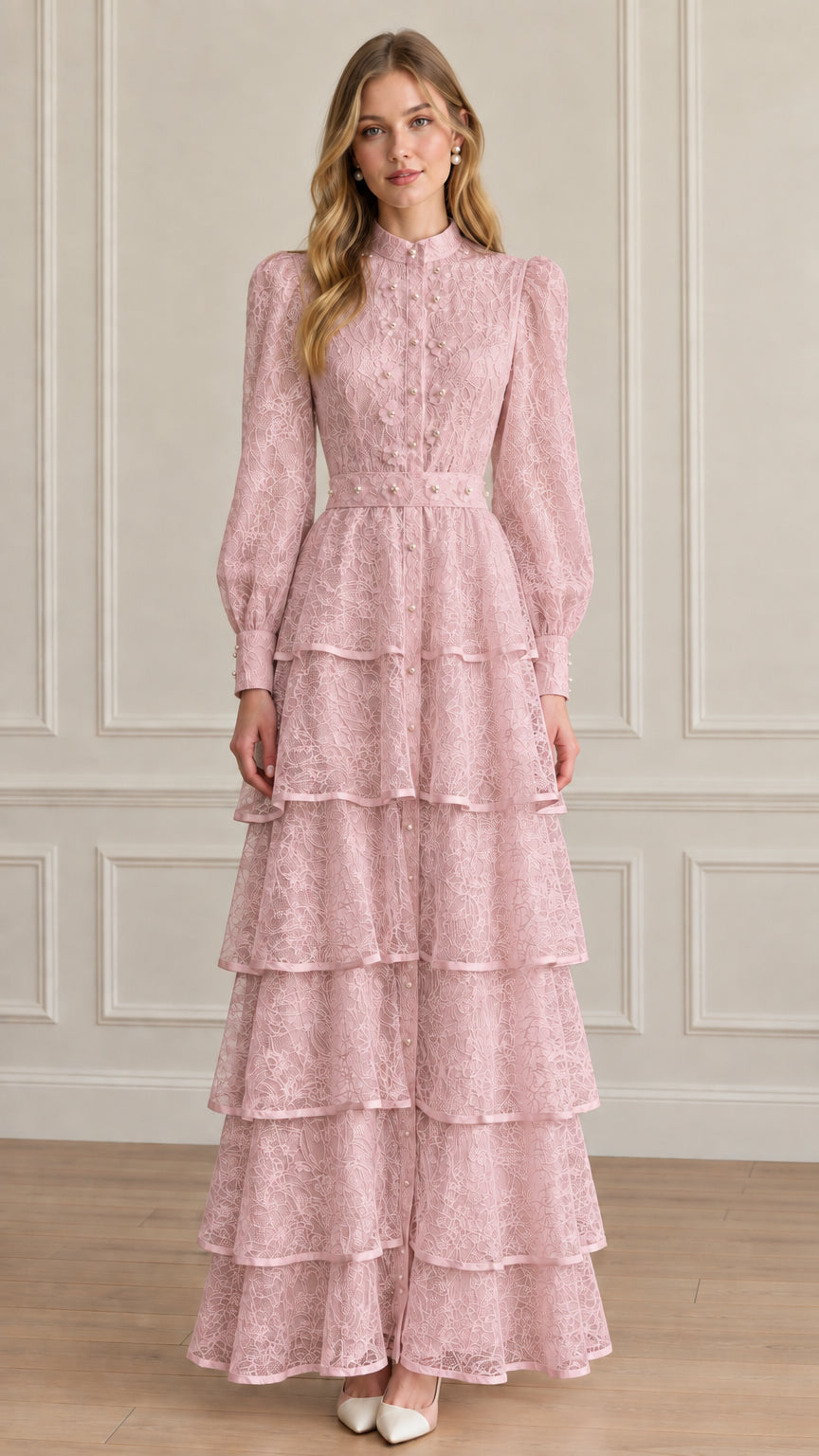 Model in dusty pink high neck tiered lace maxi dress with long sleeves