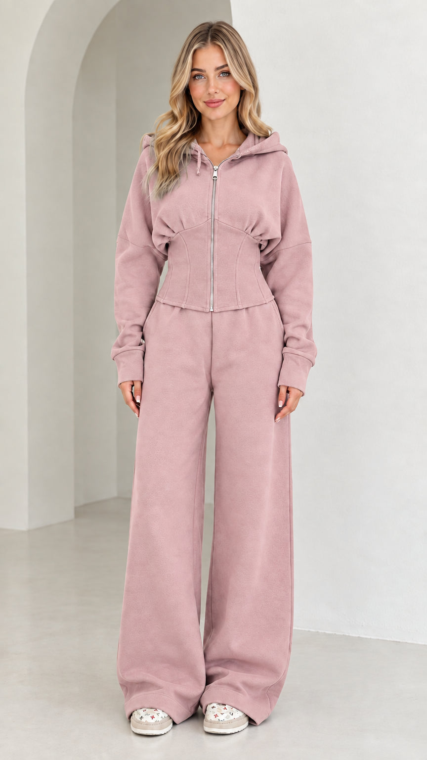 Full-length view of women's corset hoodie and wide-leg sweatpants set in Dusty Rose
