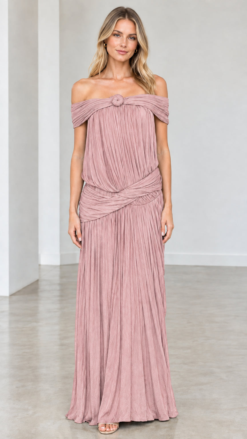 Full-length front view of model wearing Dusty Rose pleated maxi dress