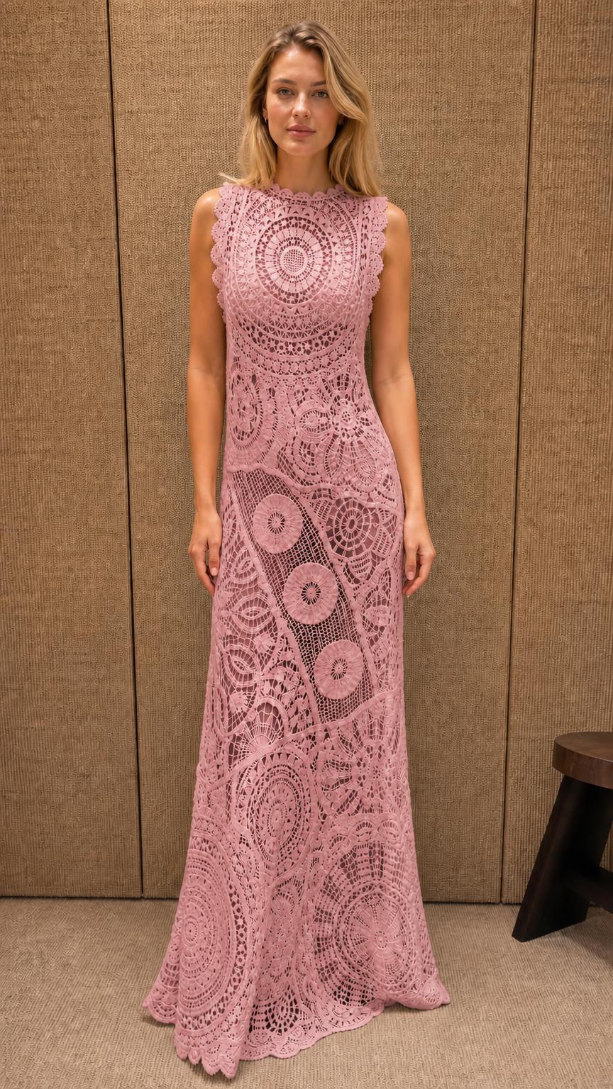 Front view of Pink cutwork lace maxi dress on model