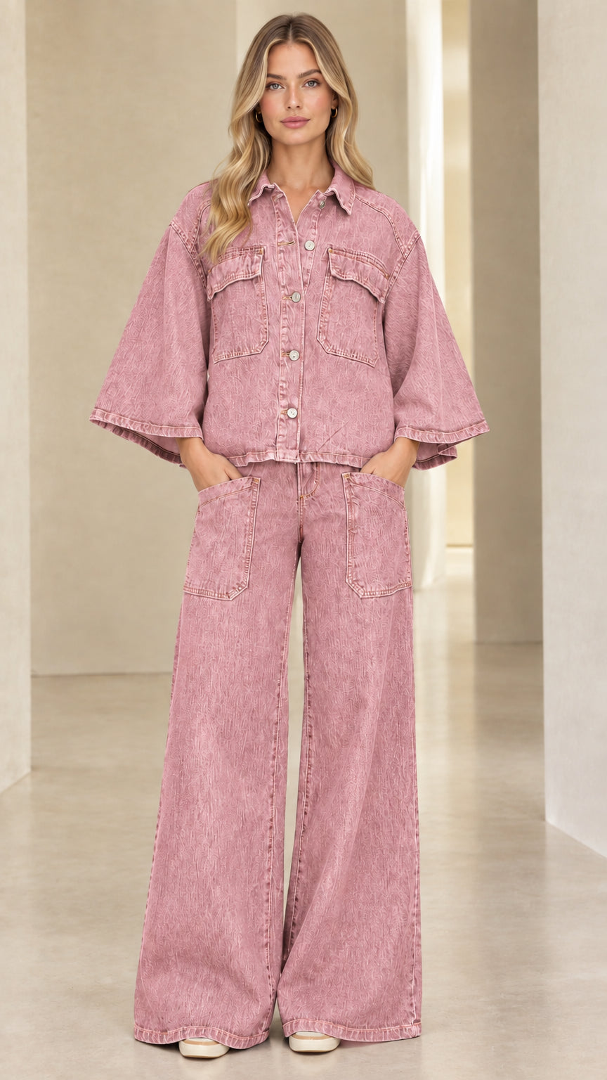 Full-length view of model wearing Dusty Pink denim matching two-piece set