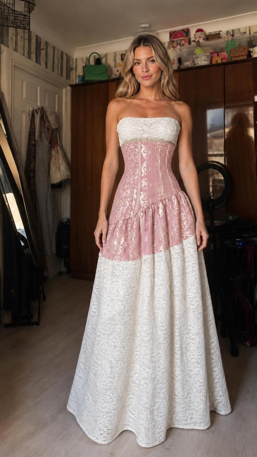 Front view of pink strapless colorblock corset maxi dress