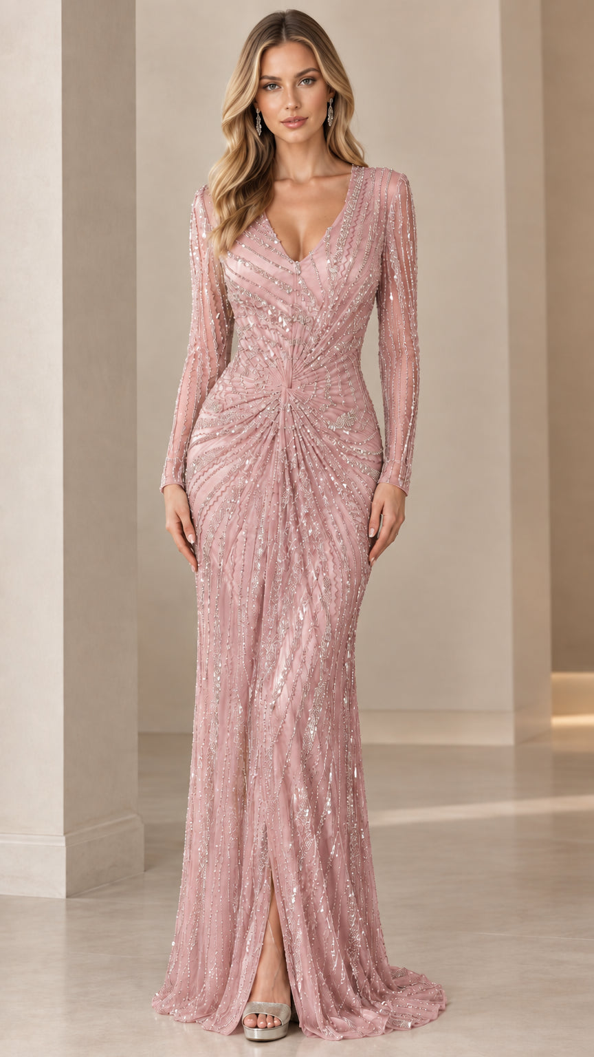 Front view of blush pink long sleeve sequin formal gown
