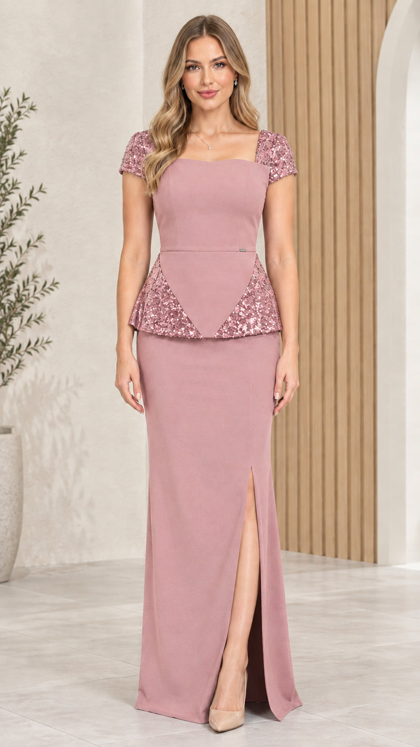 Dusty rose sequin peplum evening maxi dress with slit