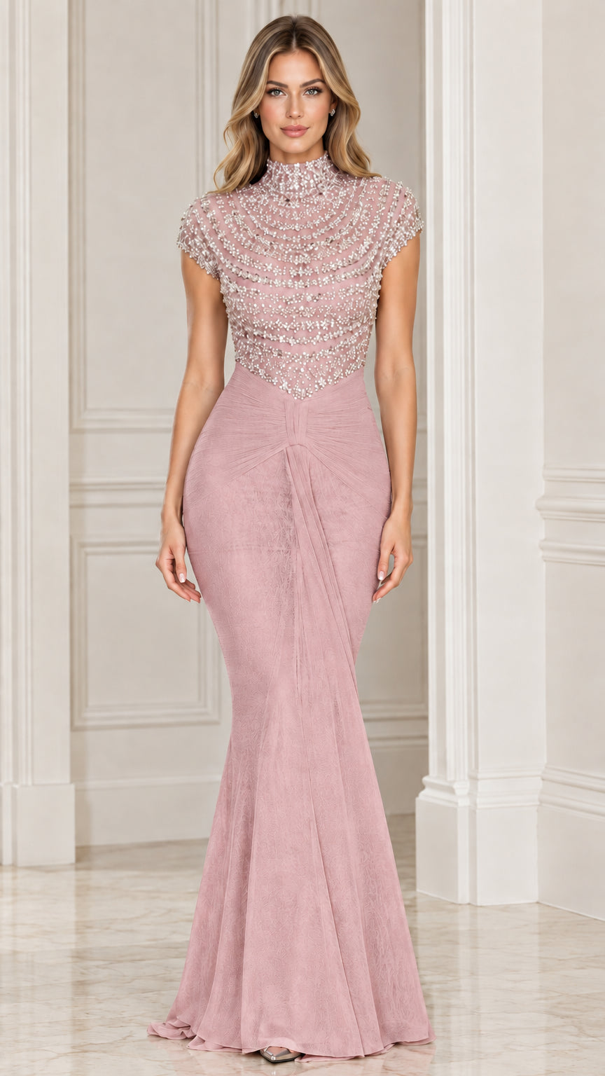 Front view of dusty pink beaded mock neck mermaid evening gown