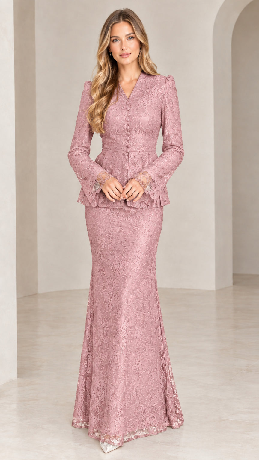 Dusty Rose pink lace peplum long sleeve top and maxi skirt formal two-piece set