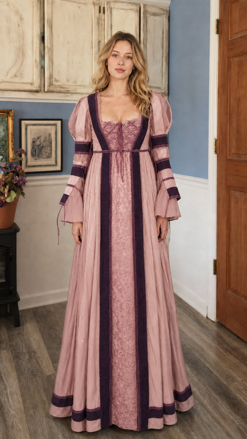 Renaissance Medieval Lace-Up Long Sleeve Maxi Dress in pink
