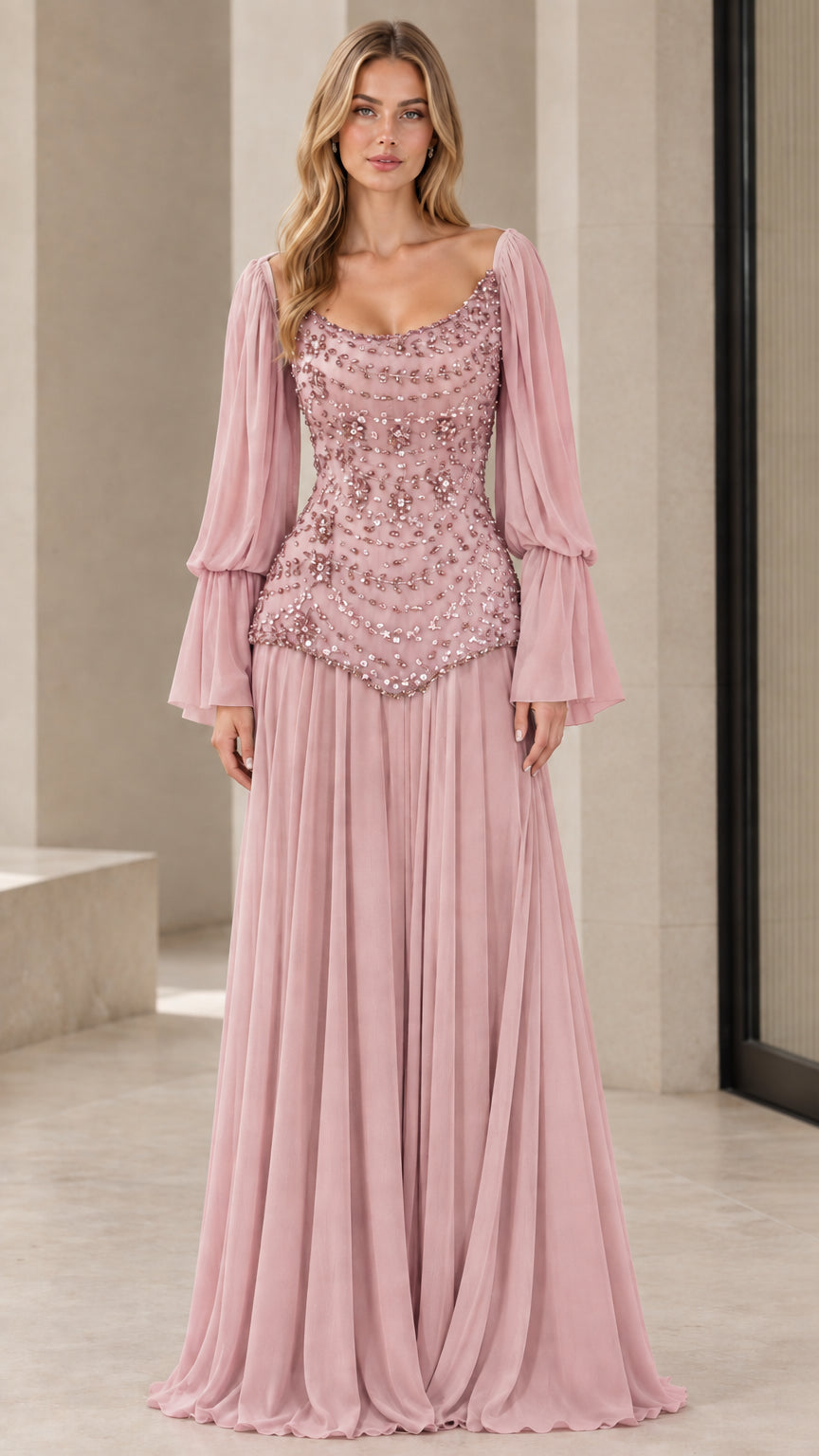 Front view of woman wearing dusty pink beaded chiffon maxi dress with bishop sleeves