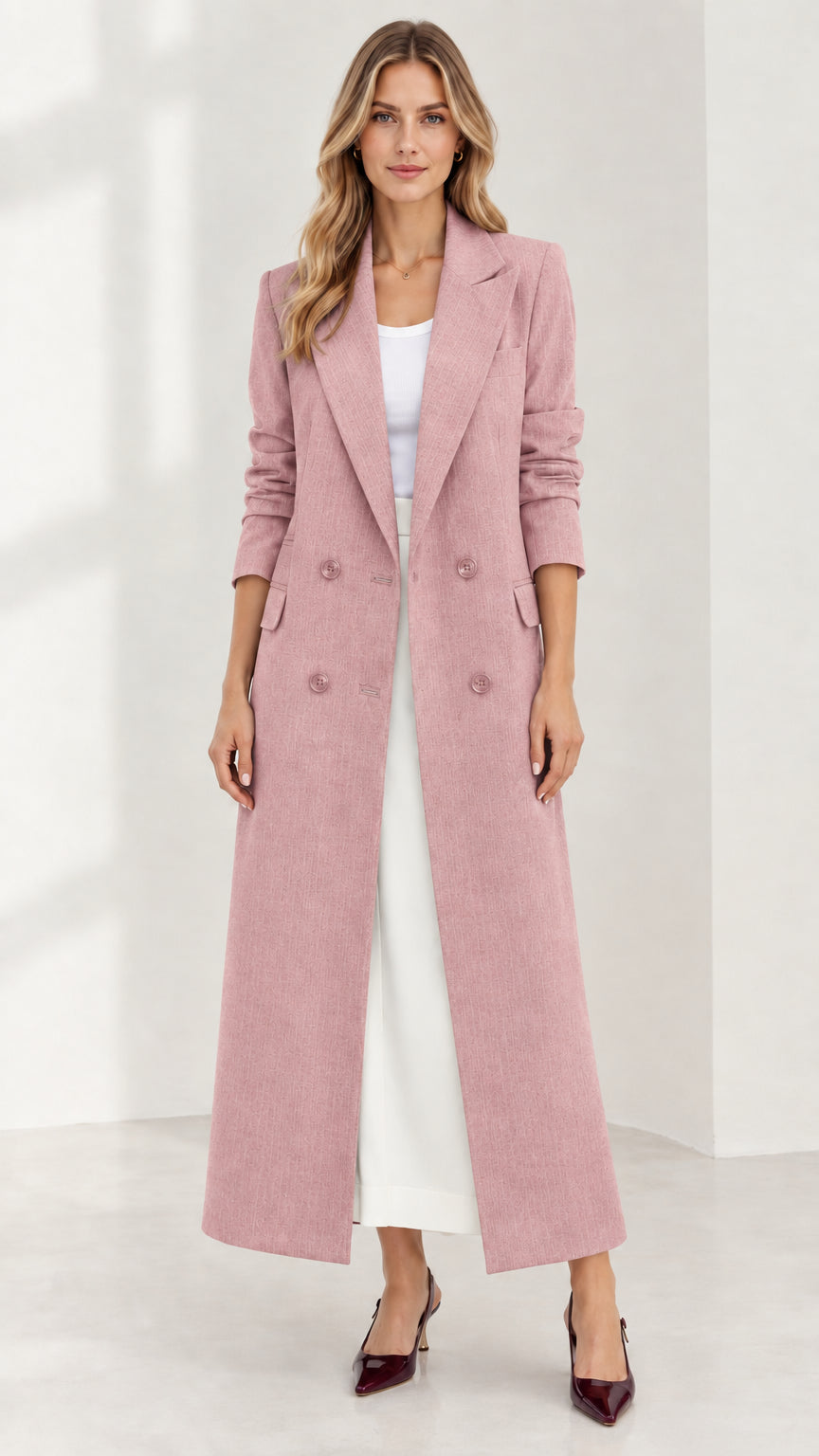 Front full-length view of woman wearing dusty pink longline tailored coat