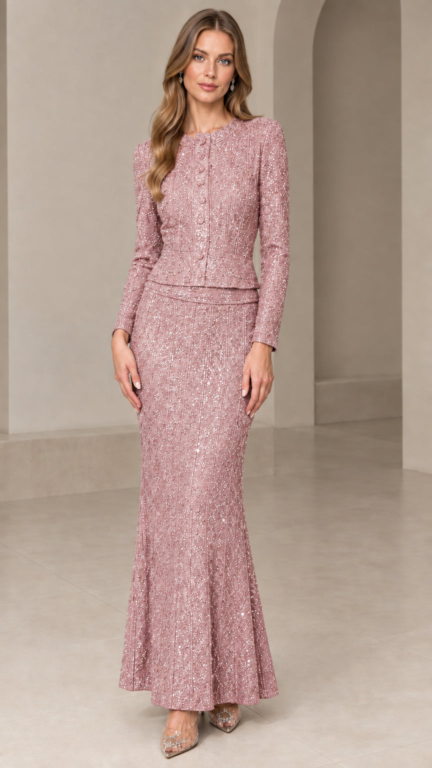 Front view of model wearing Dusty Pink shimmering two-piece mother of the bride dress set