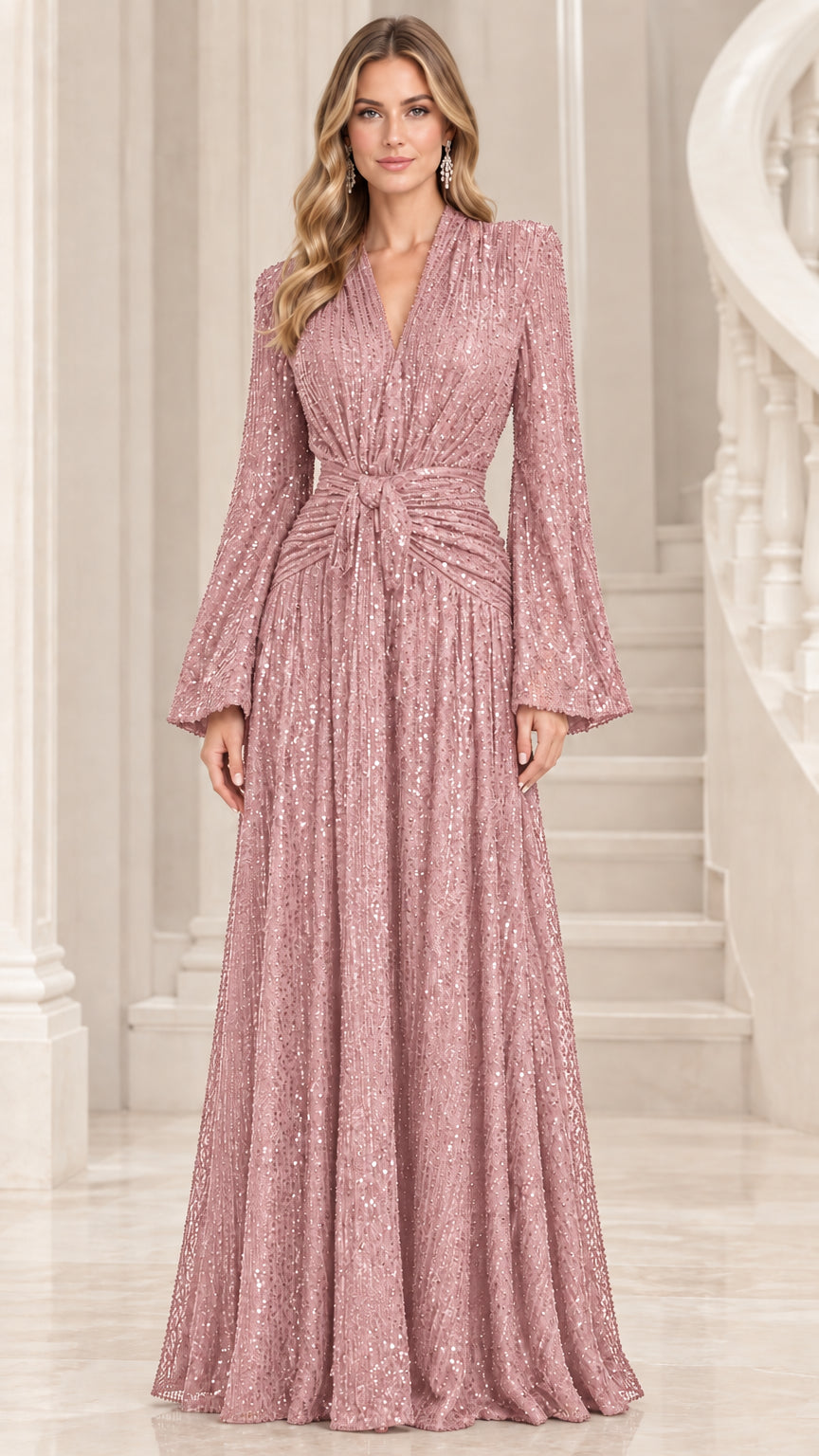 Dusty rose pink sequin long bell sleeve maxi dress