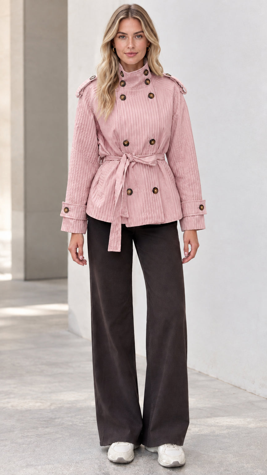Full front view of model wearing blush pink double-breasted belted short trench jacket