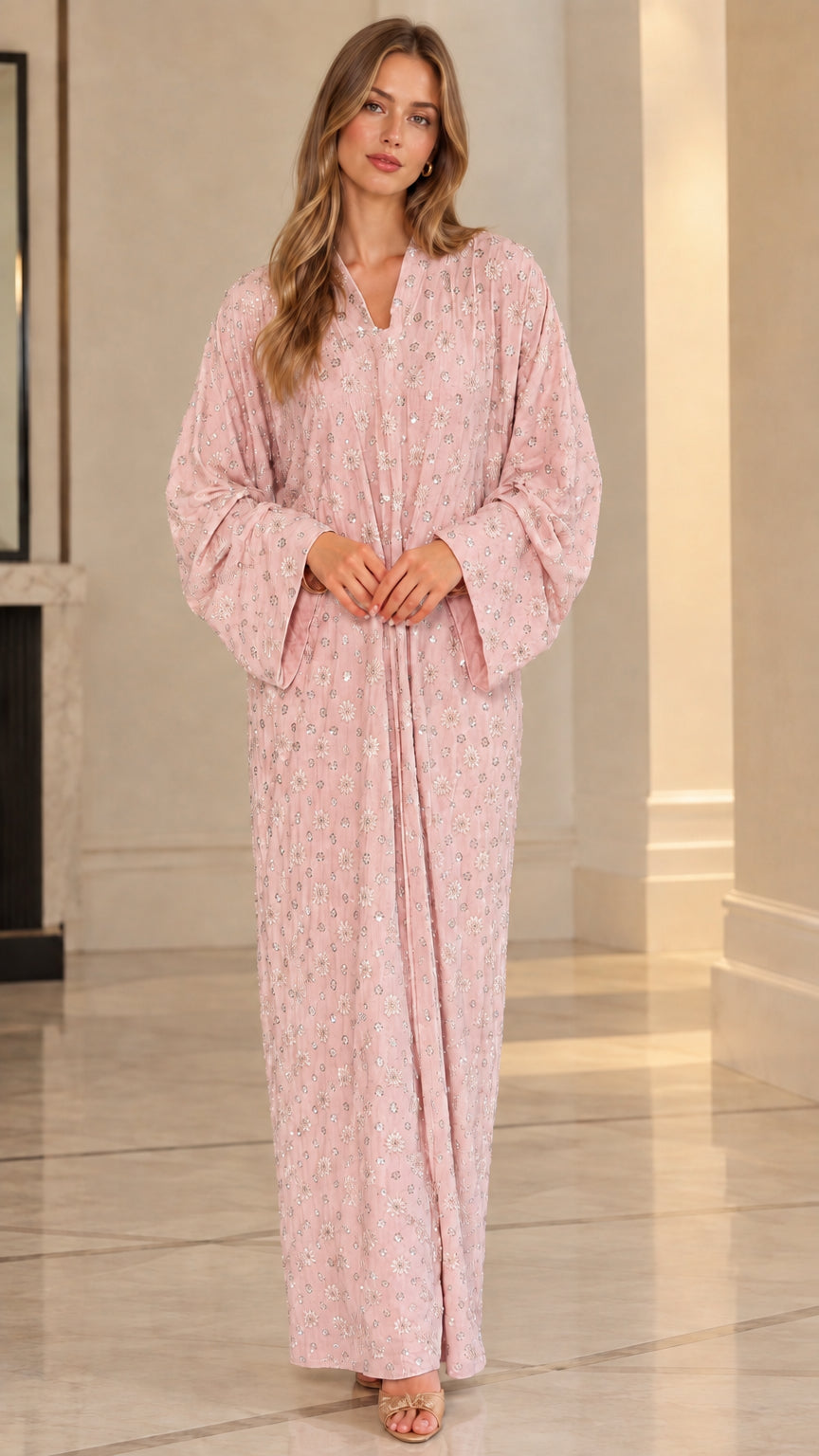 Blush pink floral sequin embroidered kaftan maxi dress on model