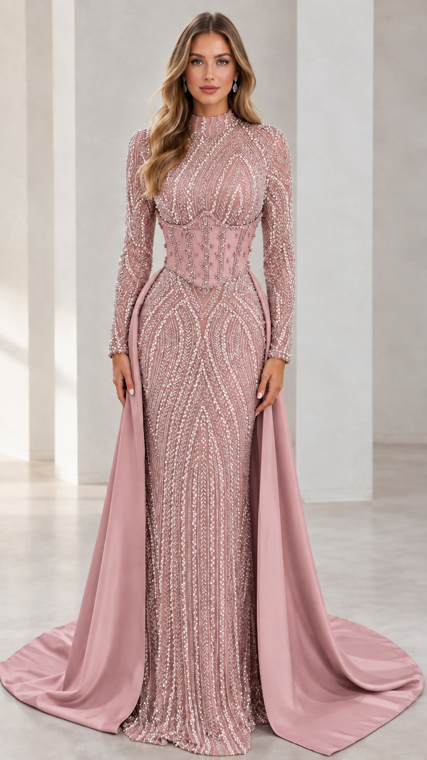 Dusty Pink sequin and beaded floor-length formal gown with corset waistband