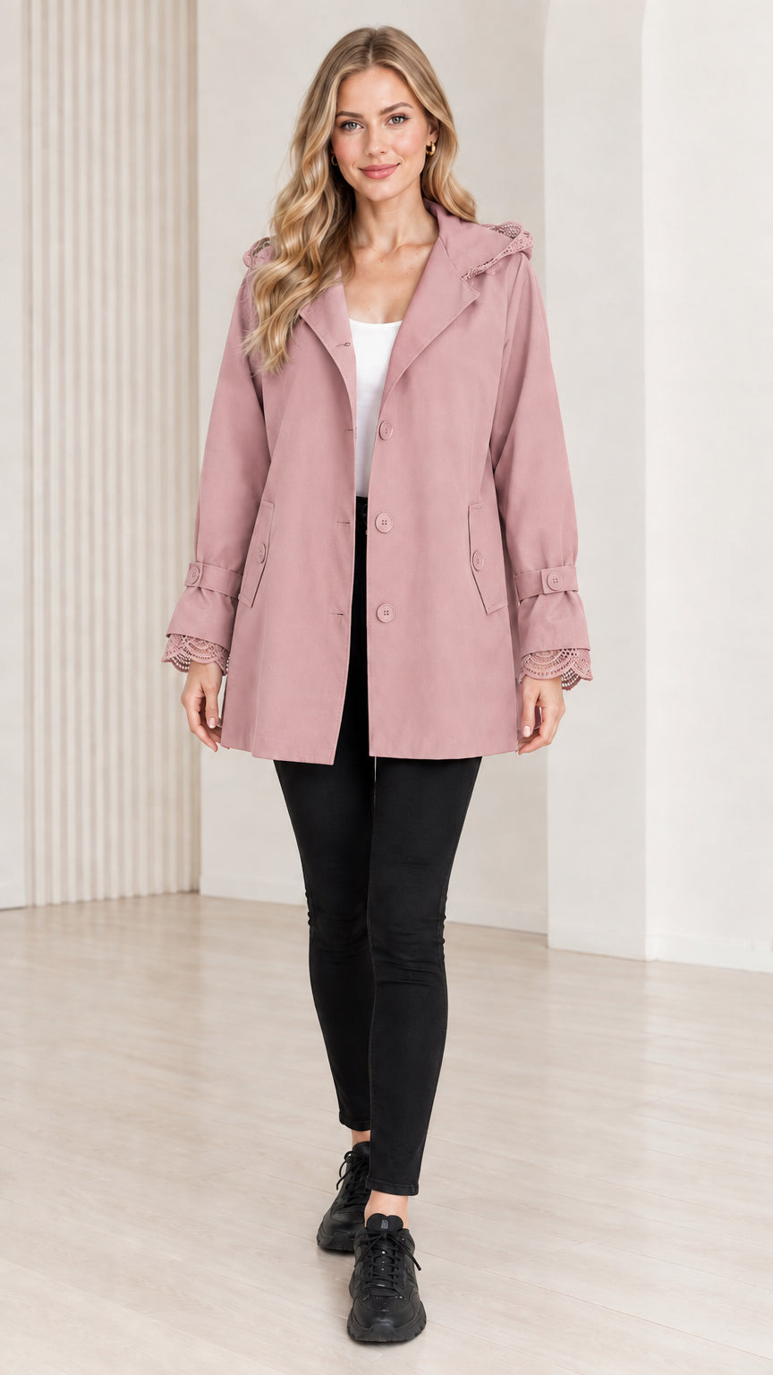 Women's dusty pink lace-trim hooded trench jacket front view