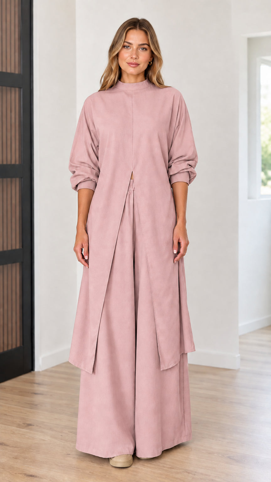 Full-length front view of model wearing dusty pink longline tunic top and wide-leg pants set
