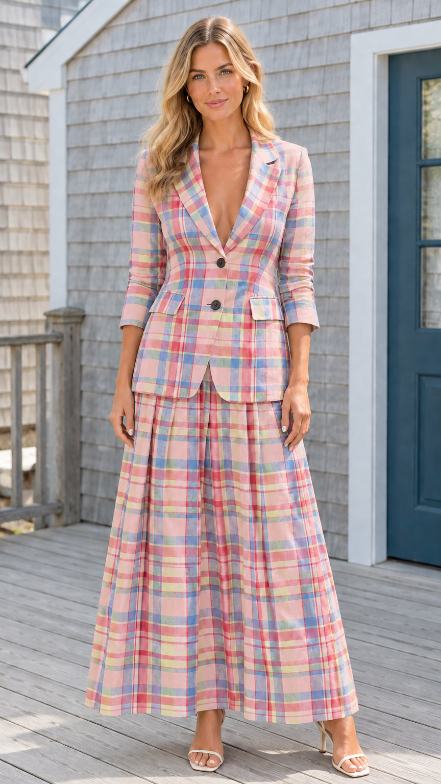 Pink multi plaid tailored jacket and matching pleated maxi skirt