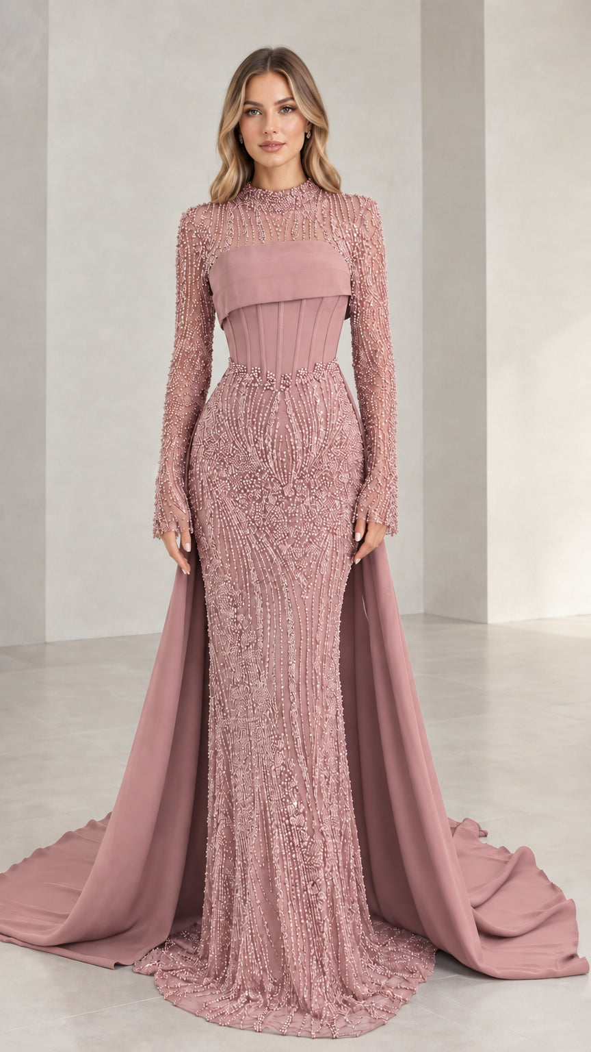 Full-length front view of dusty pink beaded evening dress with corset bodice and overskirt