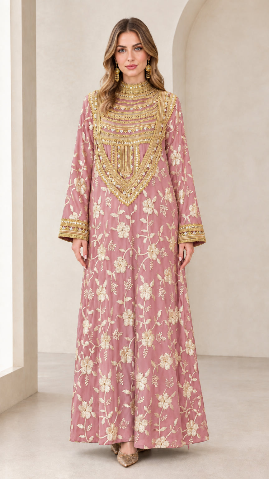 Front full view of dusty pink embroidered maxi dress with gold chest embellishment