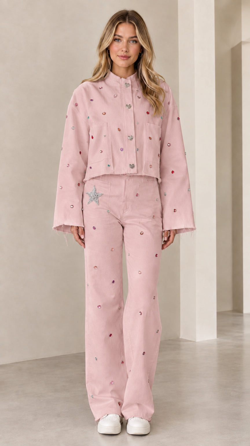 Full front view of baby pink rhinestone cropped jacket and matching pant set