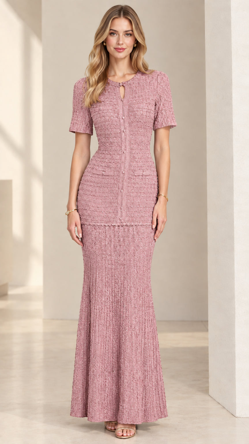 Dusty Pink Shimmer Tweed-Style Floor-Length Formal Dress