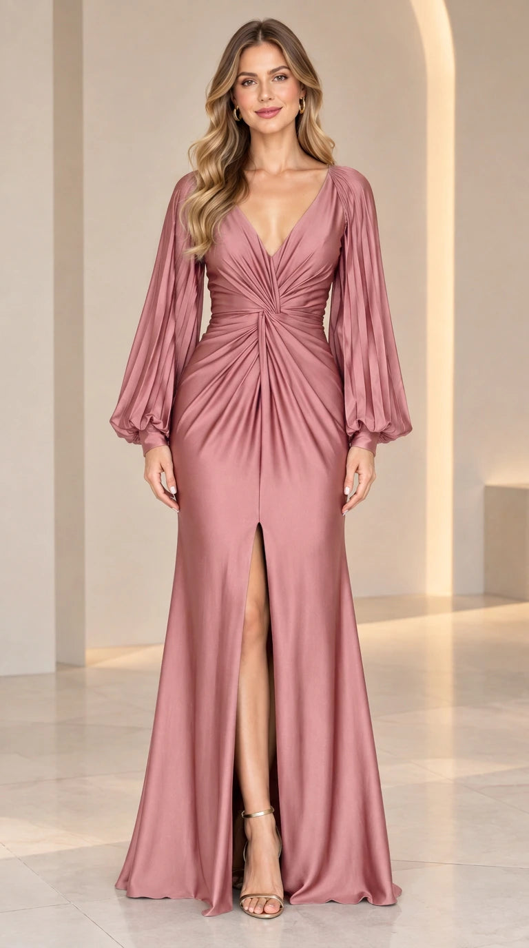 Model wearing Dusty Rose pleated sleeve twisted waist evening maxi gown